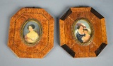 Pair of Elegant Antique Hand Painted Miniatures with Octagonal Inlaid Wood Frames