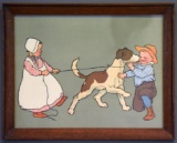 Old Chromolithograph Print of Children with Dog