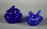 Lot of Two Small Cobalt Blue Glass Boxes-- Rabbit & Hen on Nest