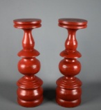 Set of 2 Contemporary Red Wooden Pedestal Candle Holders