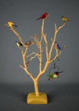 Decorative Carved Wood Tree with Carved & Hand Painted Birds by Lynn Bressioni