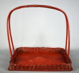 Vintage Red Wicker Tray with Tall Handle