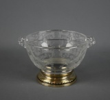Etched Vintage Elegant Glass Divided Bowl with Sterling Silver Mounted Base
