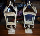 Pair of Decorative Gray-Green Chalk Painted Metal & Glass Candle Lanterns