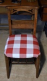 Antique Oak Church / Chapel / School Chair w/ Hymnal Rack, Buffalo Check Cushion, Trident Cutouts