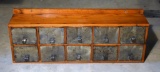 Old Wall Hung Pine General Store Hardware Cabinet w/ Ten Metal Drawers
