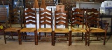 Set of 6 Exceptional Ladder Back Dark Stained Tiger Maple Dining Chairs, Rush Seats