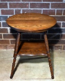 Antique Oak Round Side Table with Bottom Shelf, Spool Turned Legs