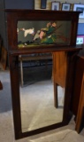 Antique Craftsman Oak Wall Mirror with Comical/Fable Themed Print Above Shelf