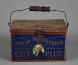 Antique George Washington Cut Plug Litho Tin Tobacco Box with Handle