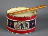 Antique Toy Litho Tin Drum with Wooden Drumsticks