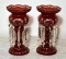 Pair of Antique Bohemian Ruby Red 12” Cut Glass Mantle Lusters with Prisms