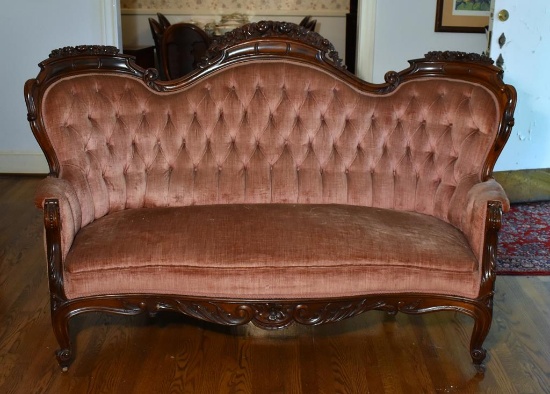 Antique Victorian Revival Style Button Tufted Velvet Carved Mahogany Sofa / Settee