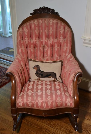 Antique Victorian Button Tufted Carved Mahogany Rocker