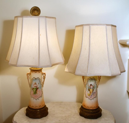 Pair of Vintage Urn Style Painted Porcelain Lamps w/ Brass Filigree Base