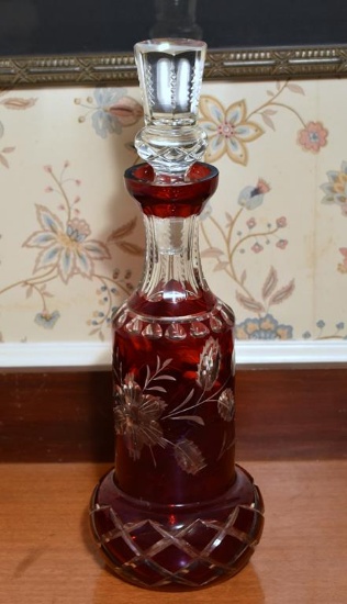Vintage Bohemian Ruby Red Cut Glass Decanter Bottle