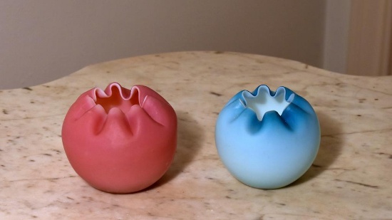 Pair of Vintage Fenton Satin Glass Rose Bowl Vases, Pink and Blue