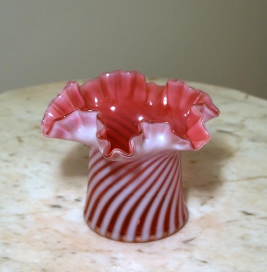 Fenton Cranberry Opalescent Spiral Ruffled Edge Vase