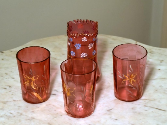 Lot of 4 Vintage Handpainted Cranberry Glass Pieces, 3 Water Glasses, 1 Square Top Vase