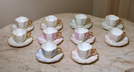 Set of 10 Vintage Porcelain Demitasse Cups & Saucers, Pastel Seashell Design