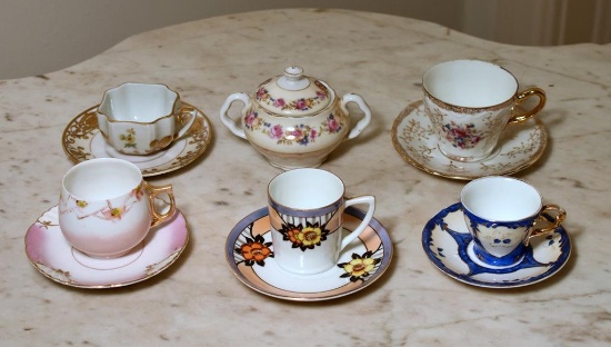 Lot of Misc. Pattern Porcelain Items, Made in Japan. 5 Demitasse Cup/Saucer Sets, 1 Sugar Bowl