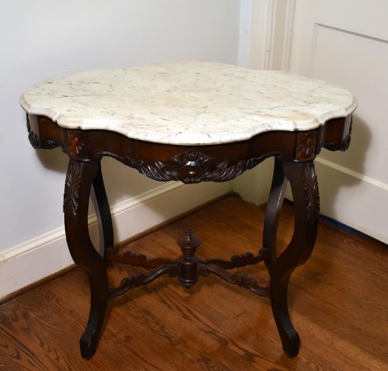 Antique Victorian Ornate Carved Rosewood Parlor Table with Marble Top