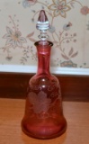 Fine Vintage Cranberry Etched Glass Decanter Bottle