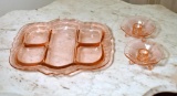 Lot of 3 Vintage Etched Pink Depression Glass Items, 2 Candleholders, 1 Divided Serving Tray