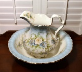 Antique Johnson Bros Handpainted Porcelain Pitcher & Wash Basin, Made in England (Lots 58-60 Match)