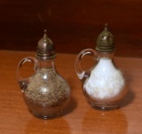 Vintage Etched Elegant Glass Pitcher Style Salt & Pepper Shakers, Sterling Silver Tops