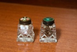 Darling Little Vintage Cut Glass Salt & Pepper Shakers with Enameled Tops