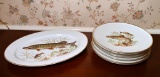 Set of 6 JKW Carlsbad Bavaria Handpainted Fish Plates w/ Matching Serving Platter, Made in Germany