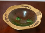 Vintage Green Art Glass Decorative Bowl with Gilt Rim