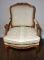 Vintage Upholstered Cherry Arm Chair w/ Carved Floral Accents