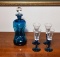Unique Vintage Blue Art Glass Decanter Bottle w/ 4 Cordial Glasses (MATCHES LOT 107)
