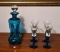 Unique Vintage Blue Art Glass Decanter Bottle w/ 4 Cordial Glasses (MATCHES LOT 106)