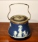 Antique Wedgwood Blue Jasperware Biscuit Jar w Silver Plate Lid & Handle, Made in England