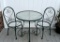 Three Piece Green Wrought Iron Patio Bistro Set, Glass Top Table & 2 Chairs w/out Seats