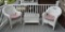 Three Piece White Resin Wicker Patio Set, 2 Arm Chairs w/ Seat Cushions & Glass Top Coffee Table