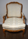 Vintage Upholstered Cherry Arm Chair w/ Carved Floral Accents