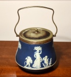 Antique Wedgwood Blue Jasperware Biscuit Jar w Silver Plate Lid & Handle, Made in England