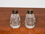 Vintage Cut Lead Crystal Salt & Pepper Shaker Set w/ Silver Tops