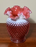 Vintage Fenton Cranberry Opalescent Hobnail Double Crimped 8” Vase