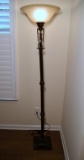 Contemporary Torchiere Floor Lamp w/Scroll Accents & Frosted/Marbled Glass Shade