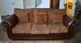 Contemporary Bonded Leather & Tapestry Sofa w/ Wood Accents, 3 Pillows (Lots 2-6 Are a Suite),