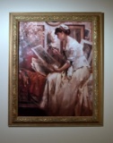 Framed Decorator Canvas Art Print, Woman Examining Art, Antiqued Gold Frame