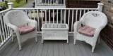 Three Piece White Resin Wicker Patio Set, 2 Arm Chairs w/ Seat Cushions & Glass Top Coffee Table