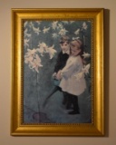 Framed Decorator Canvas Art Print, Boy & Girl Watering Flowers, Gilt Frame