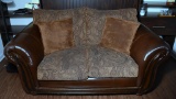 Bonded Leather & Tapestry Love Seat w/ Wood Accents, 2 Pillows (Lots 2-6 Are a Suite)