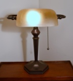 Contemporary Bankers Style Desk Lamp w/ Amber Glass Shade, Bronzed Colored Metal